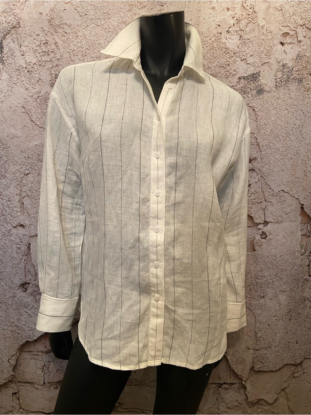 Club Monaco White/Black Striped Oversized Linen Blouse